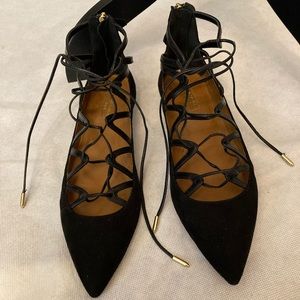 Aquazzura Maya Flat Suede Black Gold Ballet Tie up